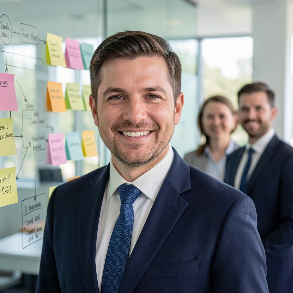 Executive team in a digital transformation strategy workshop with sticky notes and process diagrams on a glass wall in a contemporary innovation space