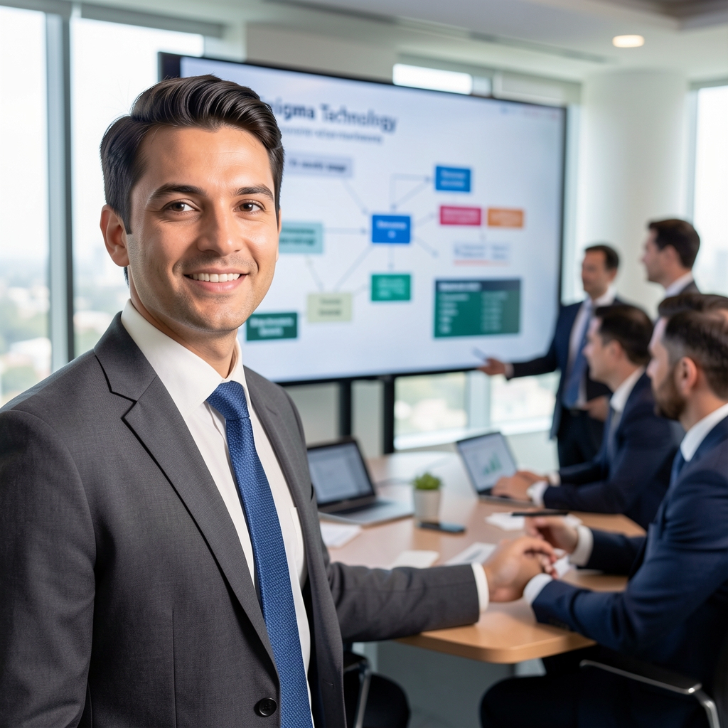 Enigma technology consultants presenting an IT strategy roadmap on a large display screen to a corporate executive team in a professional conference room